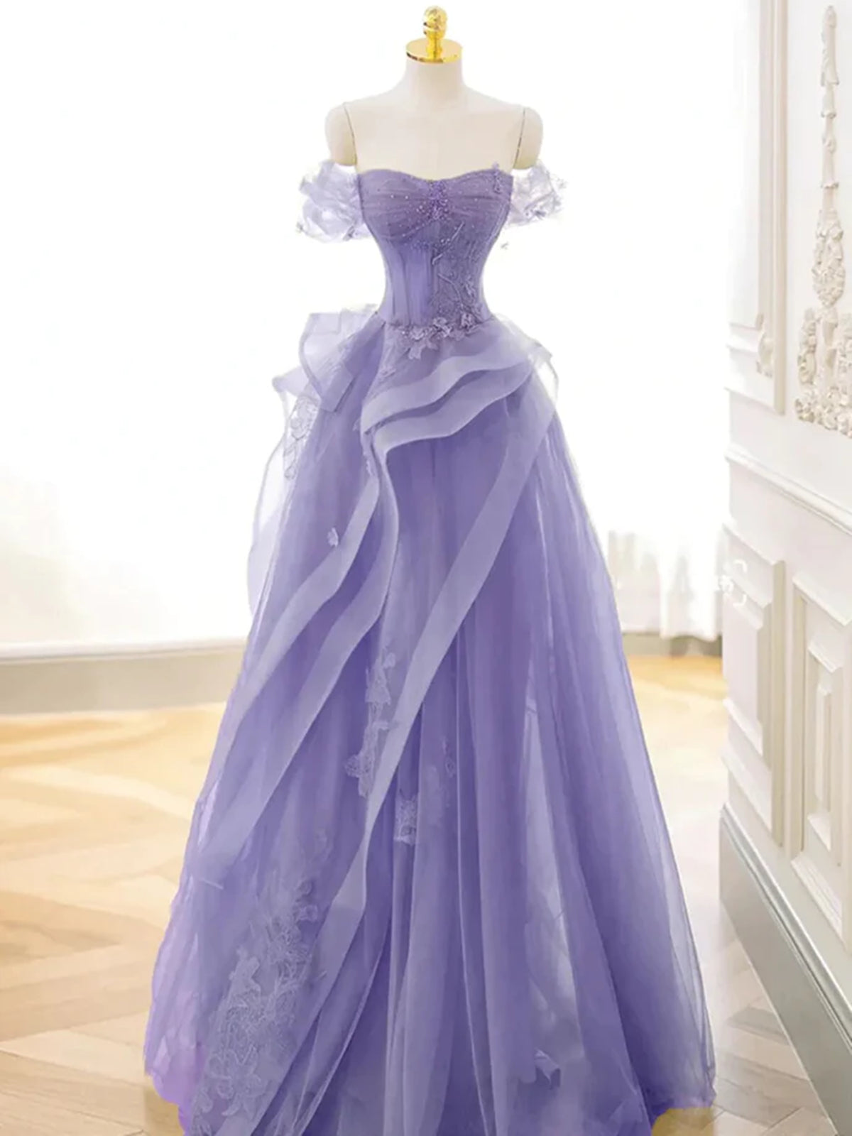 Elegant Off Shoulder Purple Lace Long Prom Dresses, Off the Shoulder P - shegown Elegant Off Shoulder Purple Lace Long Prom Dresses, Off the Shoulder P - shegown