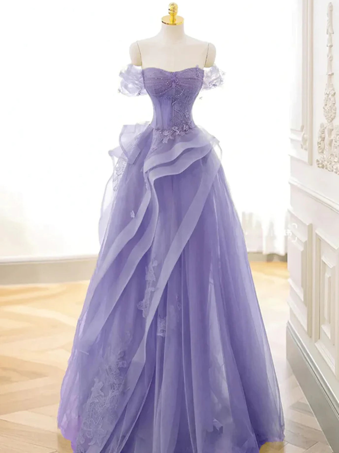 Elegant Off Shoulder Purple Lace Long Prom Dresses, Off the Shoulder Purple Formal Dresses, Purple Evening Dresses