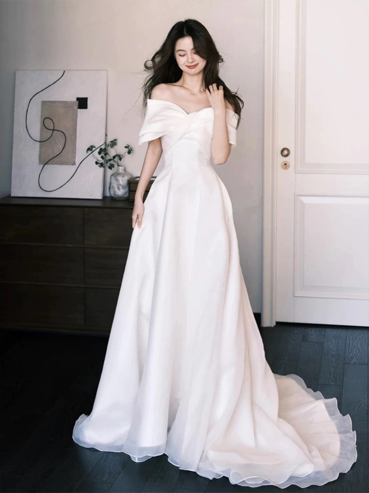 Elegant Off the Shouler White Organza Wedding Dresses, Off Shoulder White Organza Wedding Gowns