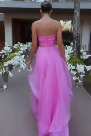 Elegant Strapless Layered Pink Prom Dresses Long, Strapless Pink Formal Graduation Evening Dresses