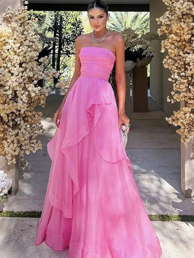 Elegant Strapless Layered Pink Prom Dresses Long, Strapless Pink Formal Graduation Evening Dresses