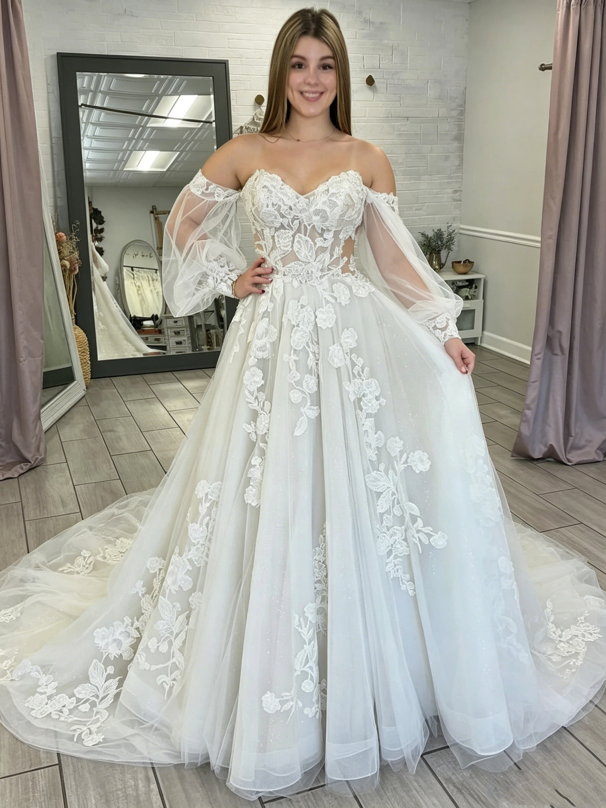 Elegant Strapless Long Sleeves Ivory Lace Wedding Dresses, Strapless Long Sleeves Ivory Lace Wedding Gowns, Lace Birdal Dresses