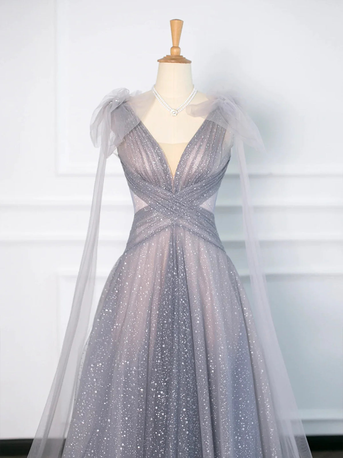 Elegant V Neck Gray Tulle Long Prom Dresses, Shiny Gray Formal Graduat - shegown Elegant V Neck Gray Tulle Long Prom Dresses, Shiny Gray Formal Graduat - shegown