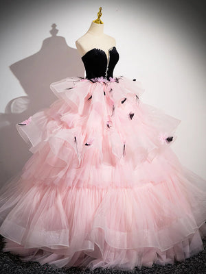 Gorgeous Beaded Pink Tulle Long Prom Dresses with Black Velvet top, Open Back Pink Formal Evening Dresses, Ball Gown