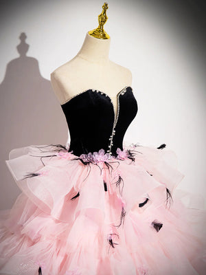 Gorgeous Beaded Pink Tulle Long Prom Dresses with Black Velvet top, Open Back Pink Formal Evening Dresses, Ball Gown