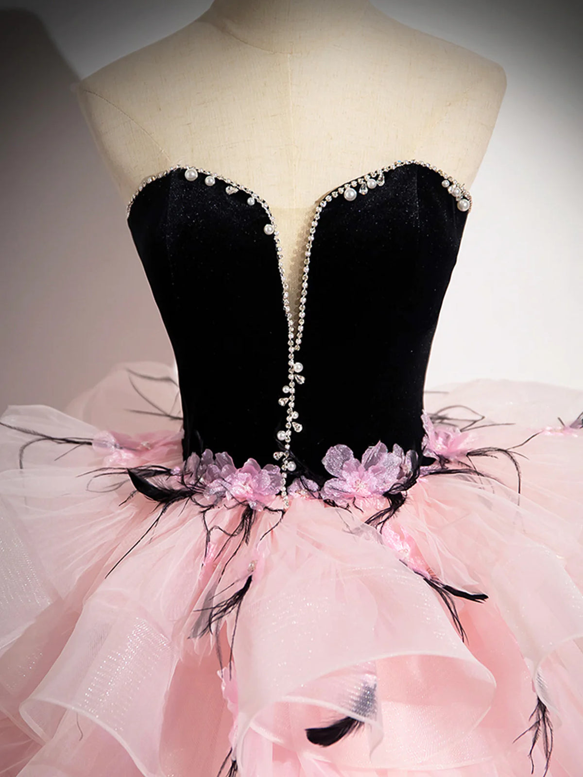 Gorgeous Beaded Pink Tulle Long Prom Dresses with Black Velvet top, Open Back Pink Formal Dresses Gorgeous Beaded Pink Tulle Long Prom Dresses with Black Velvet top, Open Back Pink Formal Dresses