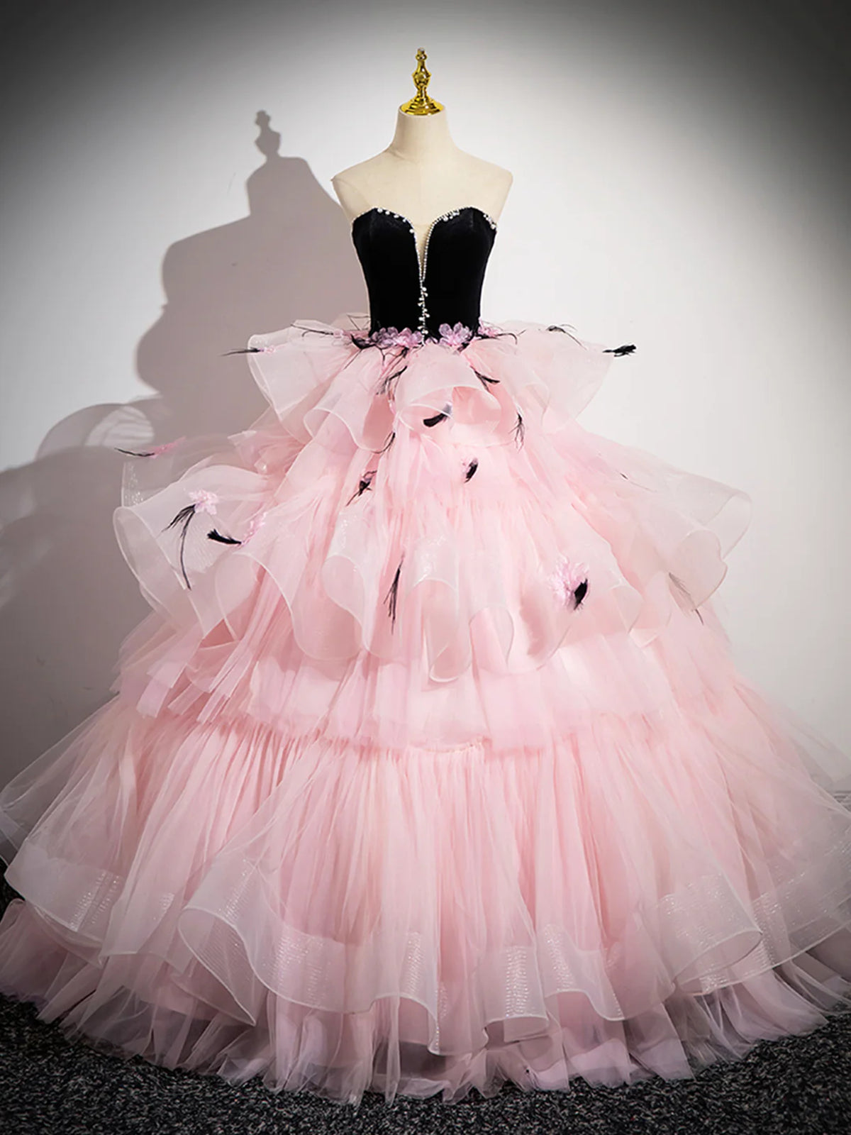Gorgeous Beaded Pink Tulle Long Prom Dresses with Black Velvet top, Op - shegown Gorgeous Beaded Pink Tulle Long Prom Dresses with Black Velvet top, Op - shegown
