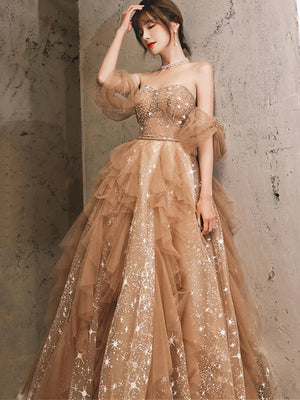 Gorgeous Off Shoulder Beaded Champagne Long Prom Dresses, Shiny Champagne Formal Evening Dresses
