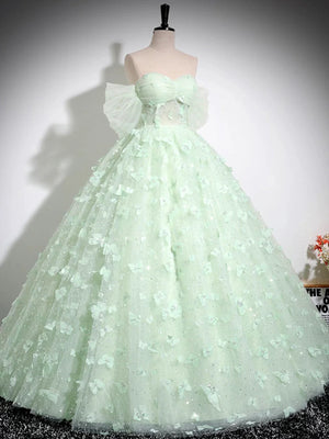 Gorgeous Off Shoulder Mint Green Long Prom Dresses with Butterfly, Off the Shoulder Formal Evening Dresses, Mint Green Ball Gown