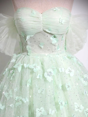 Gorgeous Off Shoulder Mint Green Long Prom Dresses with Butterfly, Off the Shoulder Formal Evening Dresses, Mint Green Ball Gown