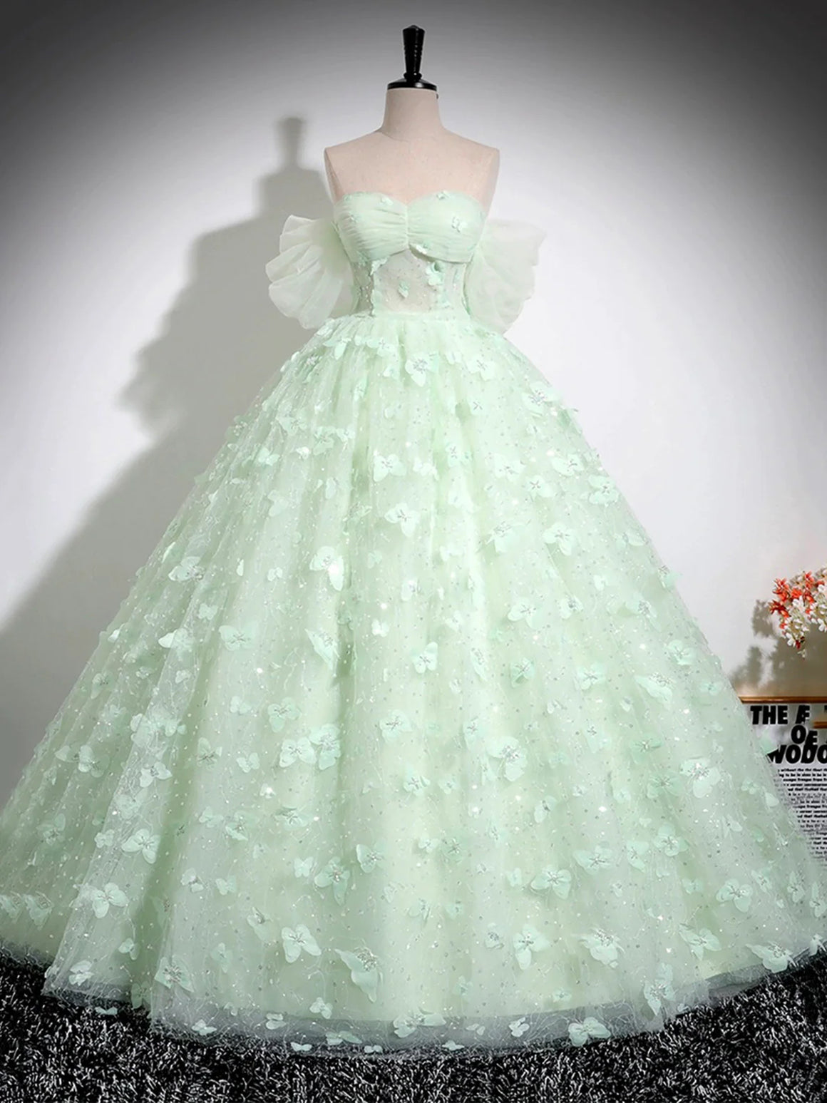 Gorgeous Off Shoulder Mint Green Long Prom Dresses with Butterfly, Off the Shoulder Formal Evening Dresses, Mint Green Ball Gown