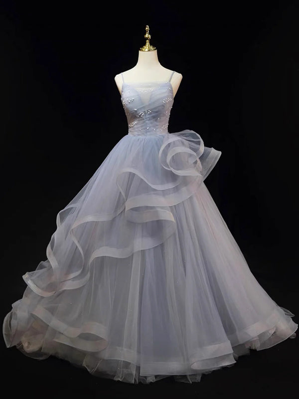 Spaghetti Straps Sequined Silver Gray Tulle Prom Dress with Ruffle