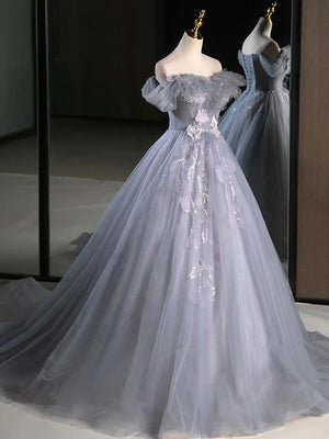 Gray Tulle Lace Long Prom Dresses, Gray Tulle Long Lace Formal Evening Dresses