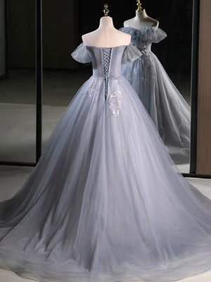 Gray Tulle Lace Long Prom Dresses, Gray Tulle Long Lace Formal Evening Dresses