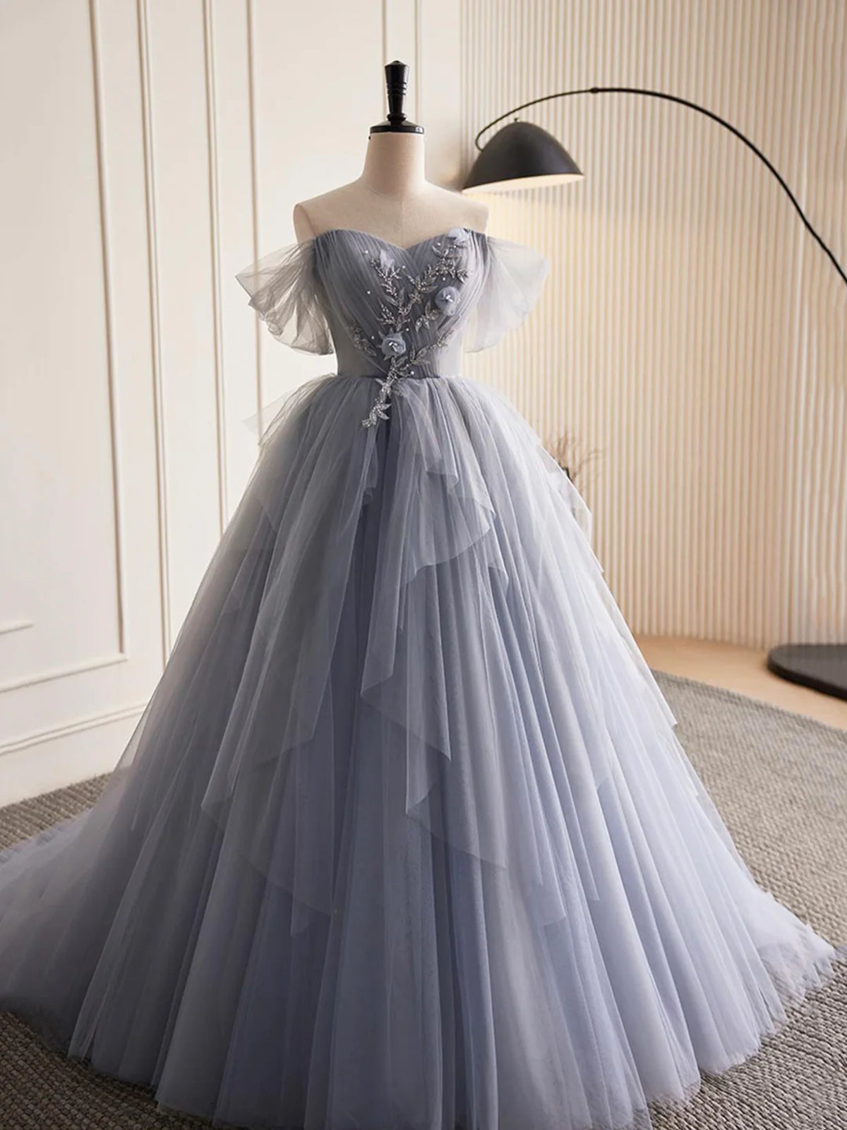 Gray Tulle Long Floral Prom Dresses, Gray Tulle Long Lace Formal Evening Dresses, US 2 / Custom Color / With Rush+$19.99 Gray Tulle Long Floral Prom Dresses, Gray Tulle Long Lace Formal Evening Dresses, US 2 / Custom Color / With Rush+$19.99