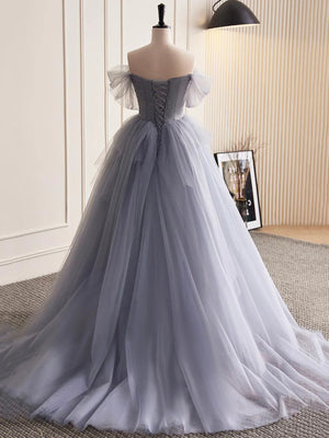Gray Tulle Long Floral Prom Dresses, Gray Tulle Long Lace Formal Evening Dresses