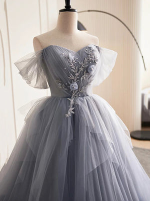 Gray Tulle Long Floral Prom Dresses, Gray Tulle Long Lace Formal Evening Dresses