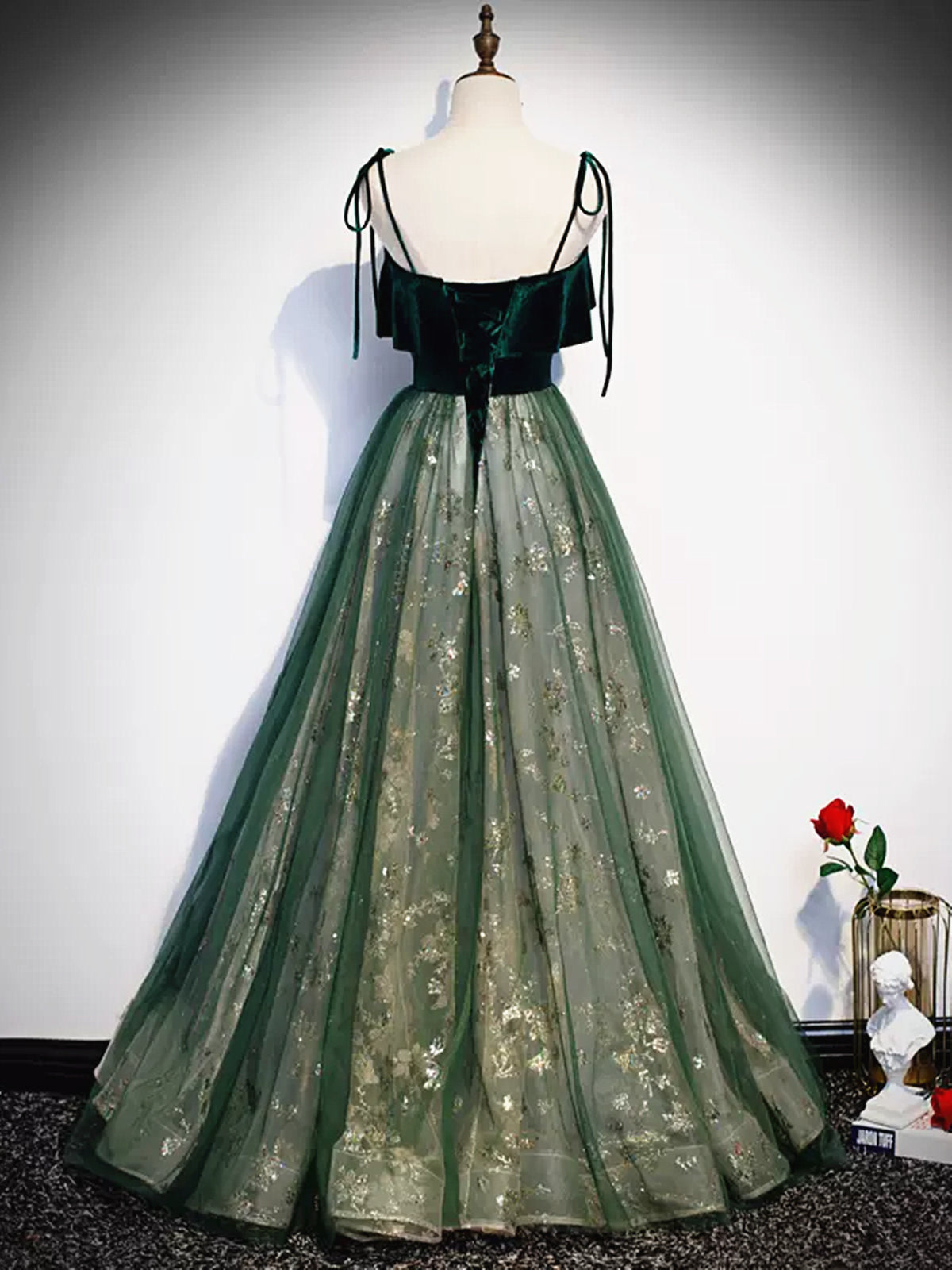Green Straps Velvet Long Lace Prom Dresses, Green Lace Velvet Long For - shegown Green Straps Velvet Long Lace Prom Dresses, Green Lace Velvet Long For - shegown