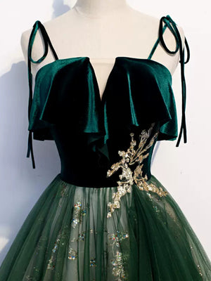 Green Straps Velvet Long Lace Prom Dresses, Green Lace Velvet Long Formal Evening Dresses
