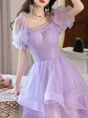 Half Sleeves Lilac Tulle Short Prom Dresses, Short Lilac Homecoming Dresses