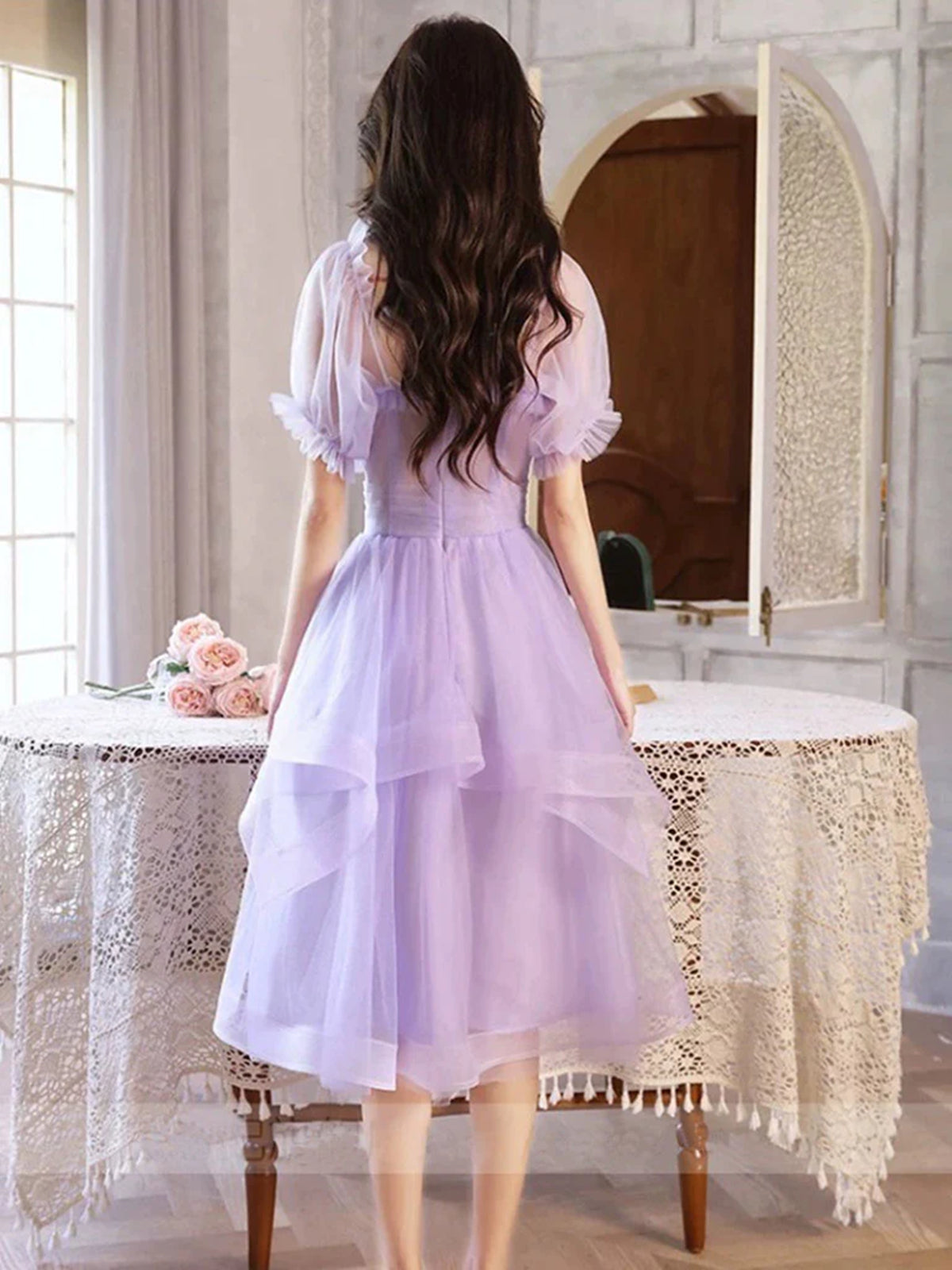 Half Sleeves Lilac Tulle Short Prom Dresses, Short Lilac Homecoming Dresses, US 10 / Picture Color / No Rush Half Sleeves Lilac Tulle Short Prom Dresses, Short Lilac Homecoming Dresses, US 10 / Picture Color / No Rush