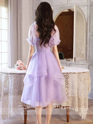 Half Sleeves Lilac Tulle Short Prom Dresses, Short Lilac Homecoming Dresses