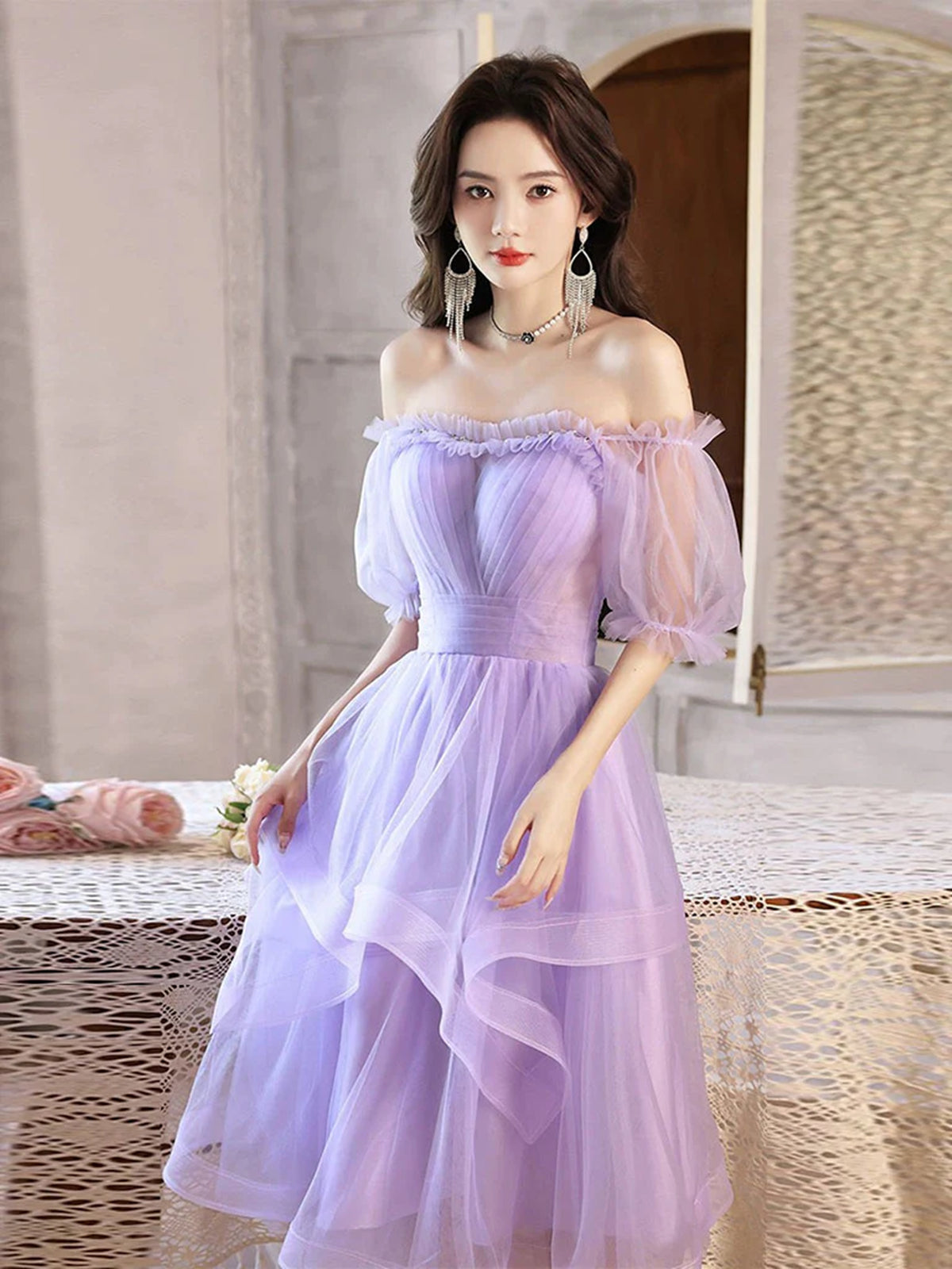 Half Sleeves Lilac Tulle Short Prom Dresses, Short Lilac Homecoming Dresses, US 10 / Picture Color / No Rush Half Sleeves Lilac Tulle Short Prom Dresses, Short Lilac Homecoming Dresses, US 10 / Picture Color / No Rush