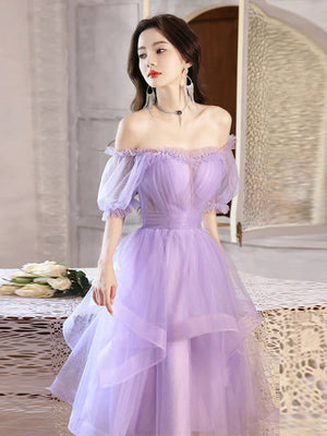 Half Sleeves Lilac Tulle Short Prom Dresses, Short Lilac Homecoming Dresses