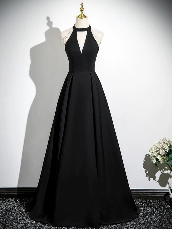 Halter Neck Black V Neck Long Prom Dresses, V Neck Black Halter Neck F
