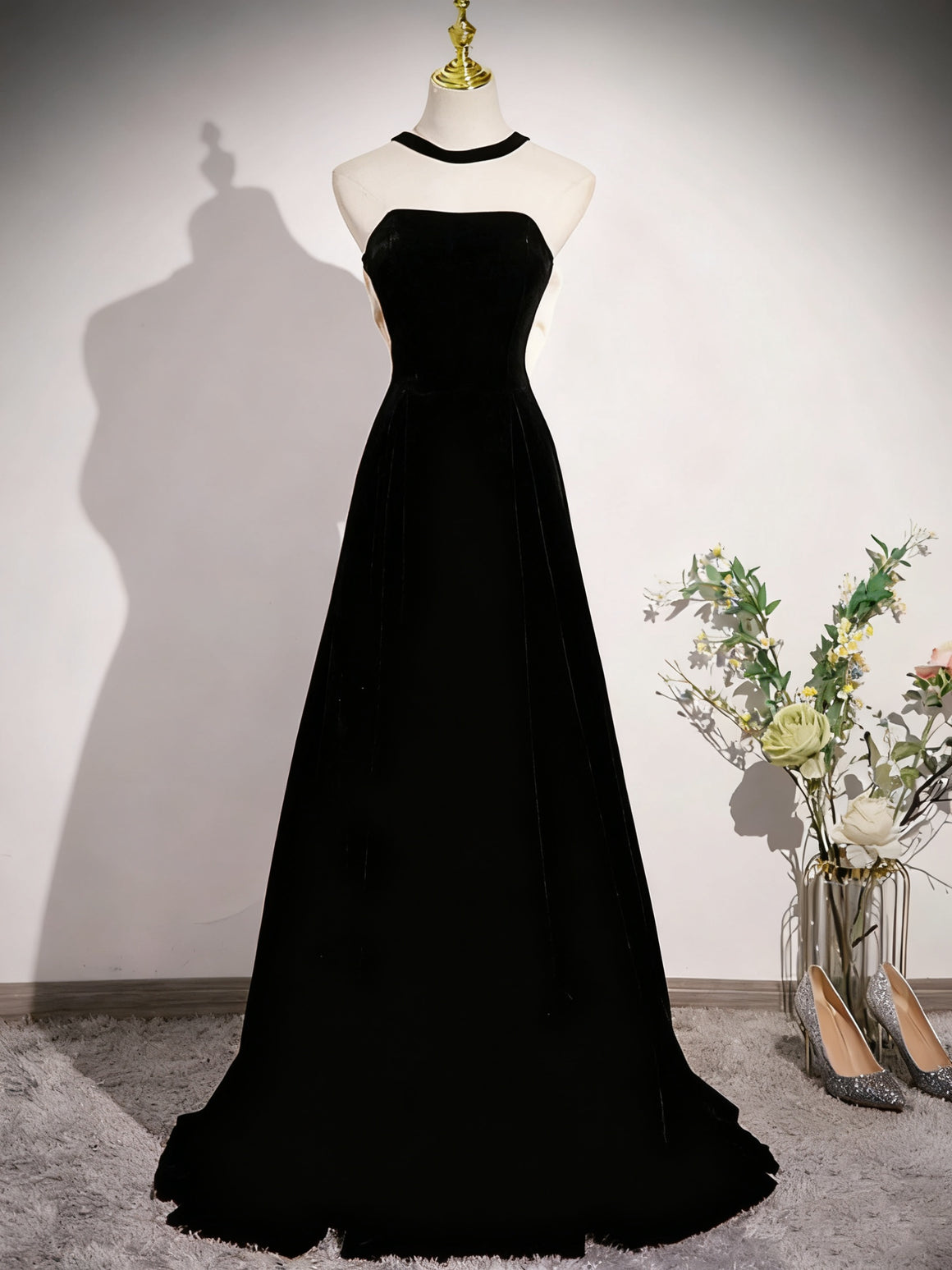 Halter Neck Black Velvet Long Prom Dresses, Black Velvet Long Formal Evening Dresses