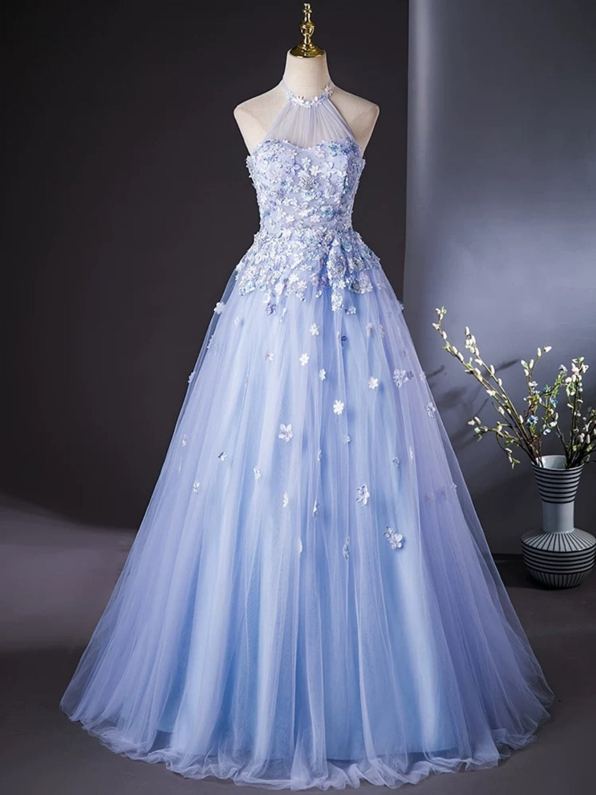 Halter Neck Blue Floral Long Prom Dresses, Light Blue Floral Long Form