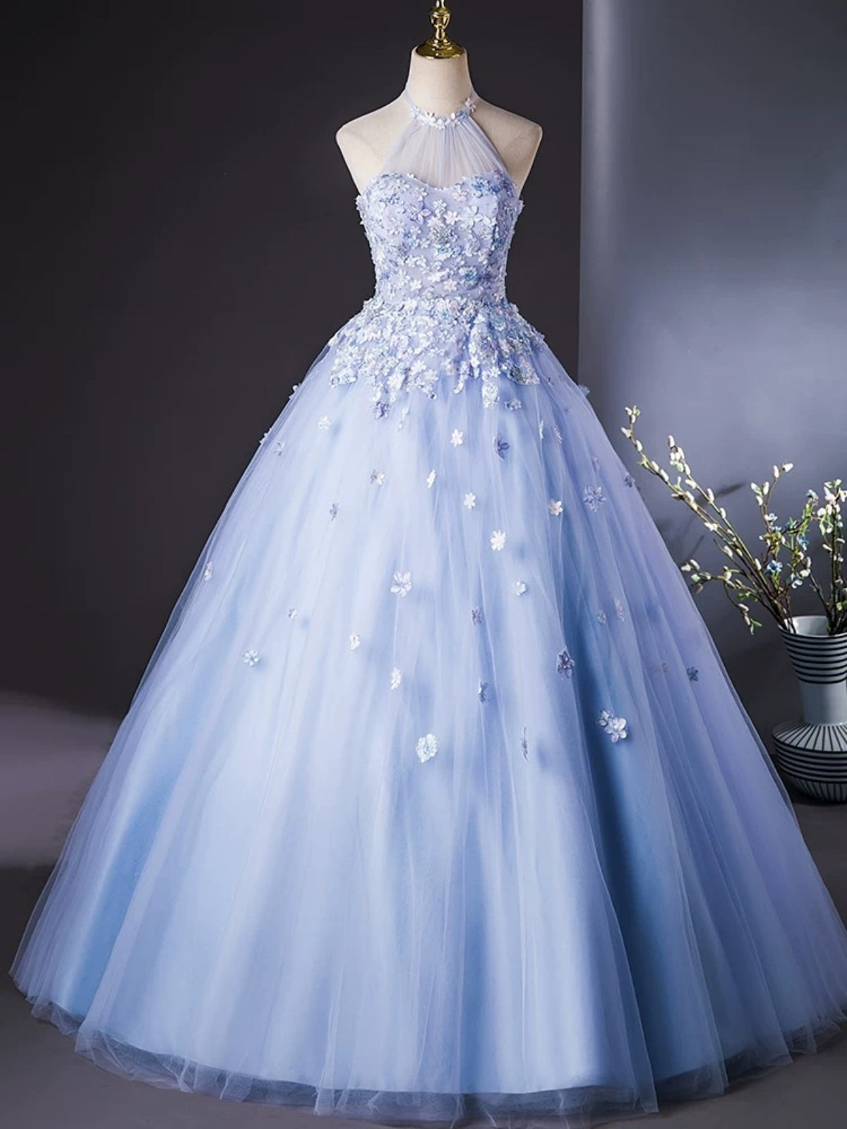 Halter Neck Blue Floral Long Prom Dresses, Light Blue Floral Long Form