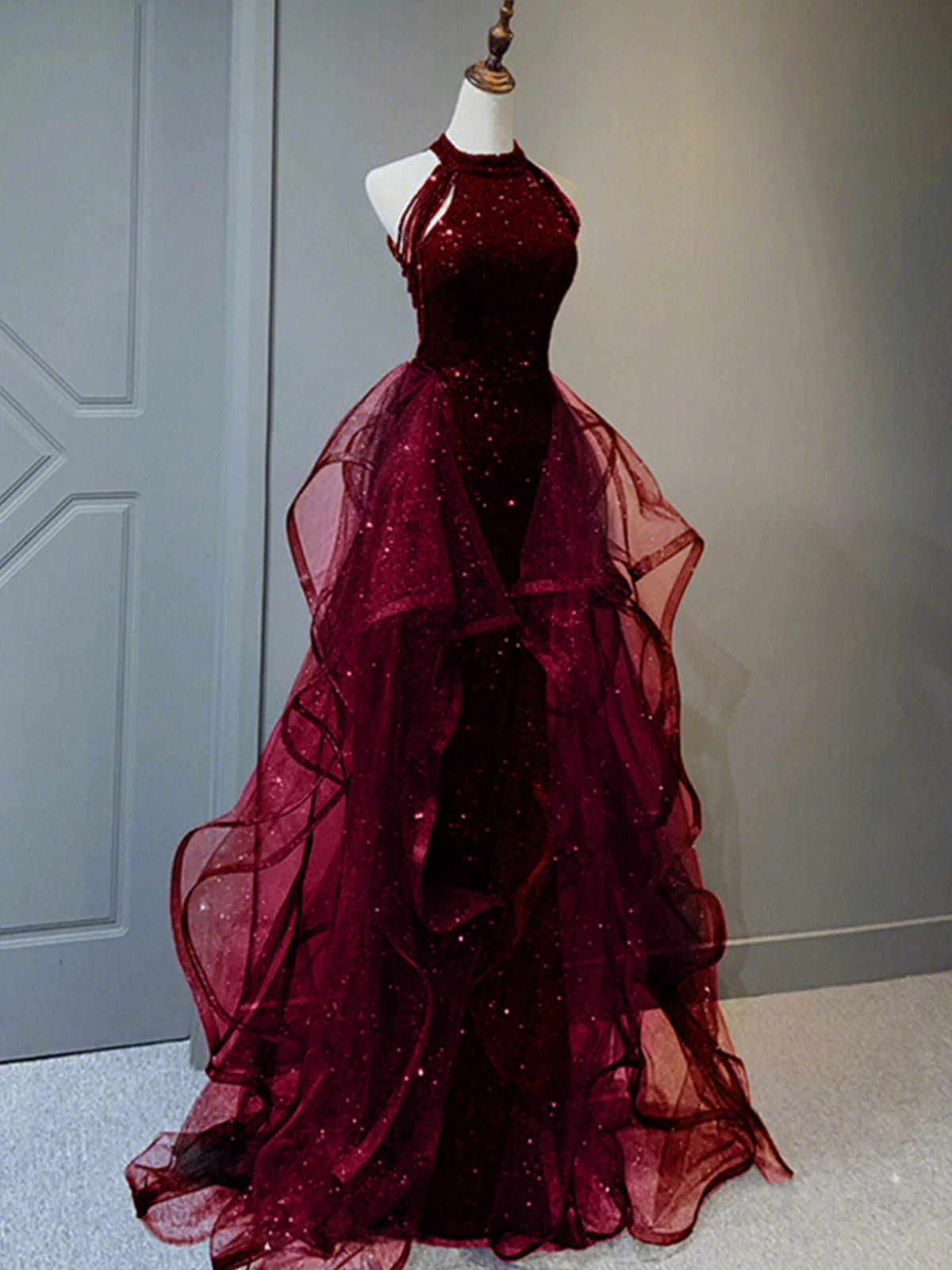 Halter Neck Burgundy Mermaid Long Prom Dresses, Wine Red Mermaid Long Formal Dresses