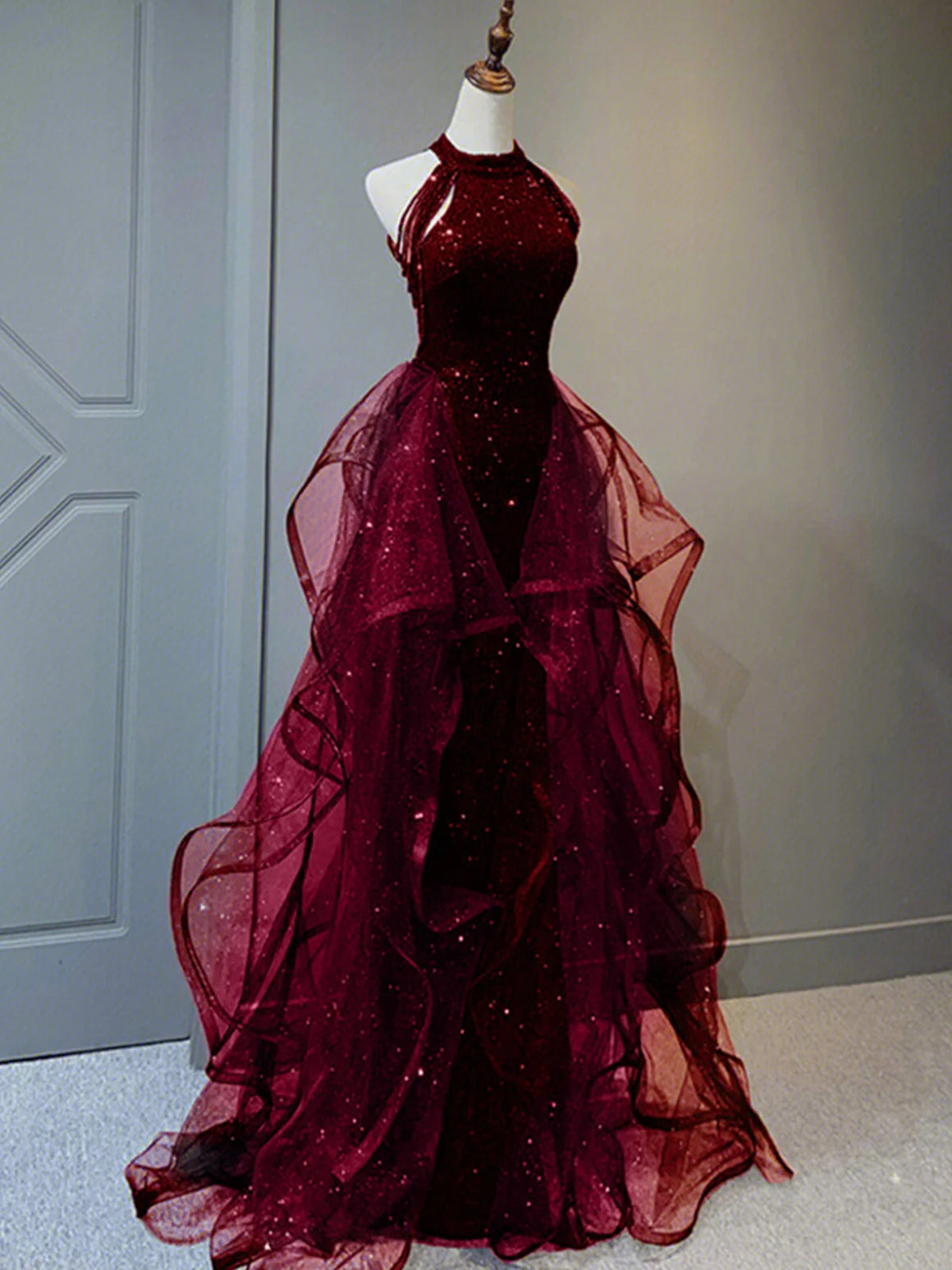 Halter Neck Burgundy Mermaid Long Prom Dresses, Wine Red Mermaid Long Formal Dresses