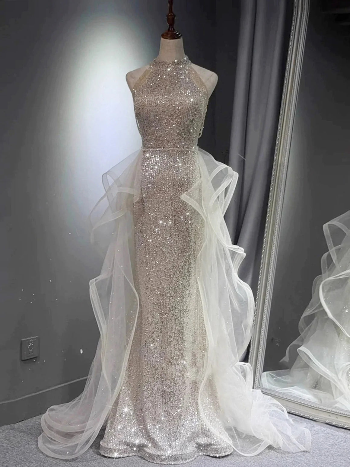 Halter Neck Light Champagne Shiny Long Prom Dresses, Shiny Light Champagne Formal Evening Dresses