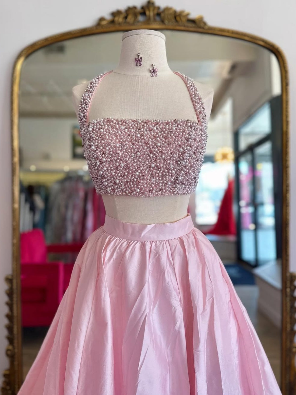 Halter Neck Pink Beaded Long Prom Dresses, Pink Beaded Long Formal Eve - shegown Halter Neck Pink Beaded Long Prom Dresses, Pink Beaded Long Formal Eve - shegown