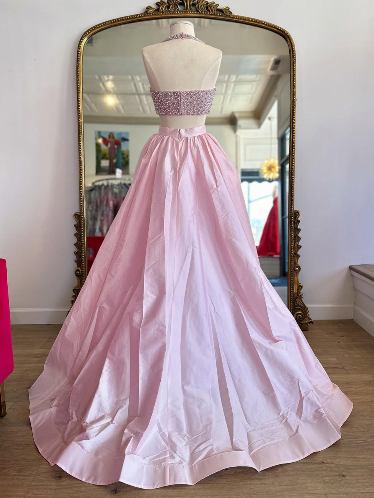 Halter Neck Pink Beaded Long Prom Dresses, Pink Beaded Long Formal Eve - shegown Halter Neck Pink Beaded Long Prom Dresses, Pink Beaded Long Formal Eve - shegown