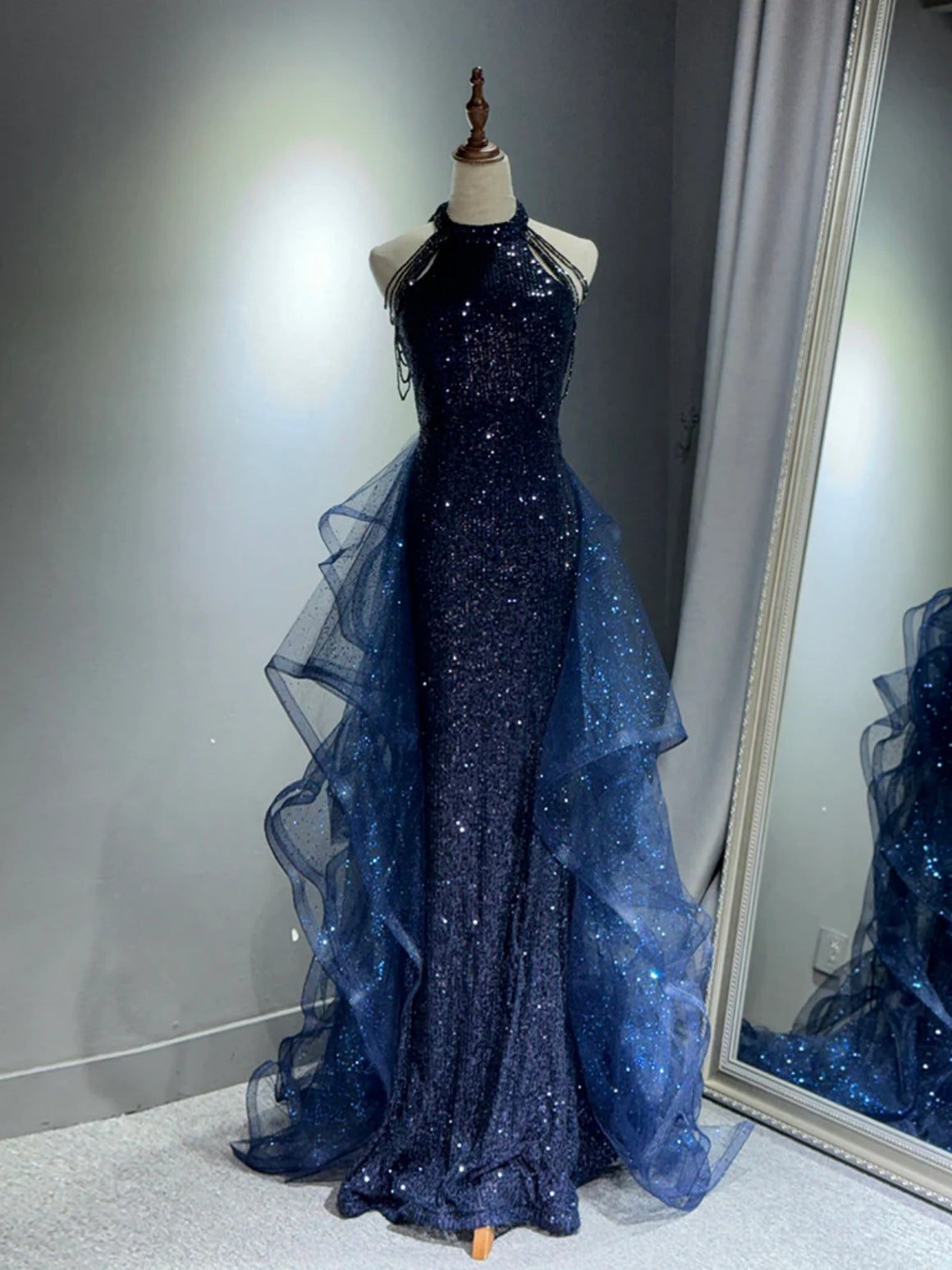 Halter Neck Shiny Dark Navy Blue Black Sequines Prom Dresses, Dark Navy Blue Black Sequines Formal Evening Dresses