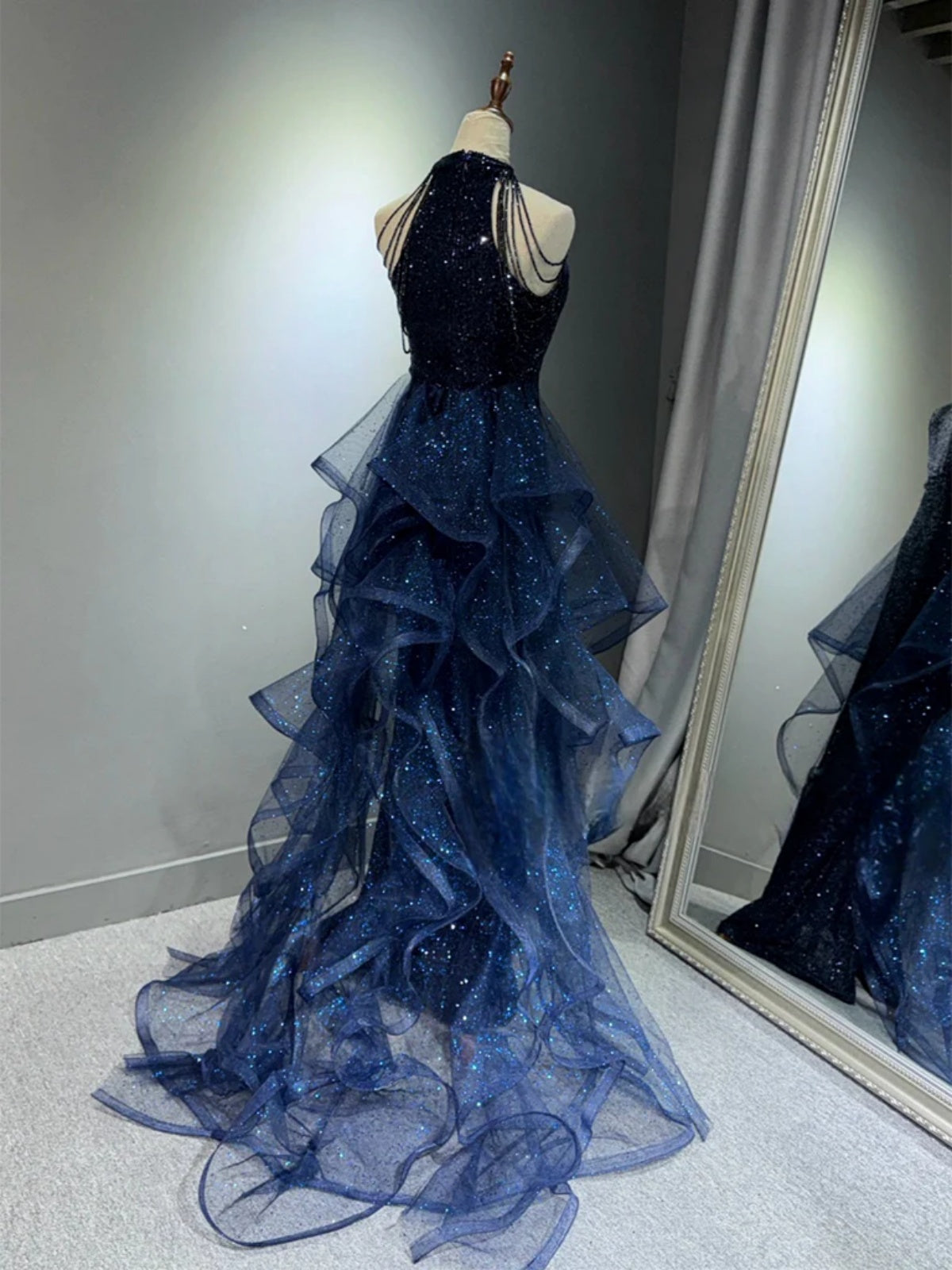 Halter Neck Shiny Dark Navy Blue Black Sequines Prom Dresses, Dark Navy Blue Black Formal Dresses, US 12 / Custom Color / With Rush+$19.99 Halter Neck Shiny Dark Navy Blue Black Sequines Prom Dresses, Dark Navy Blue Black Formal Dresses, US 12 / Custom Color / With Rush+$19.99