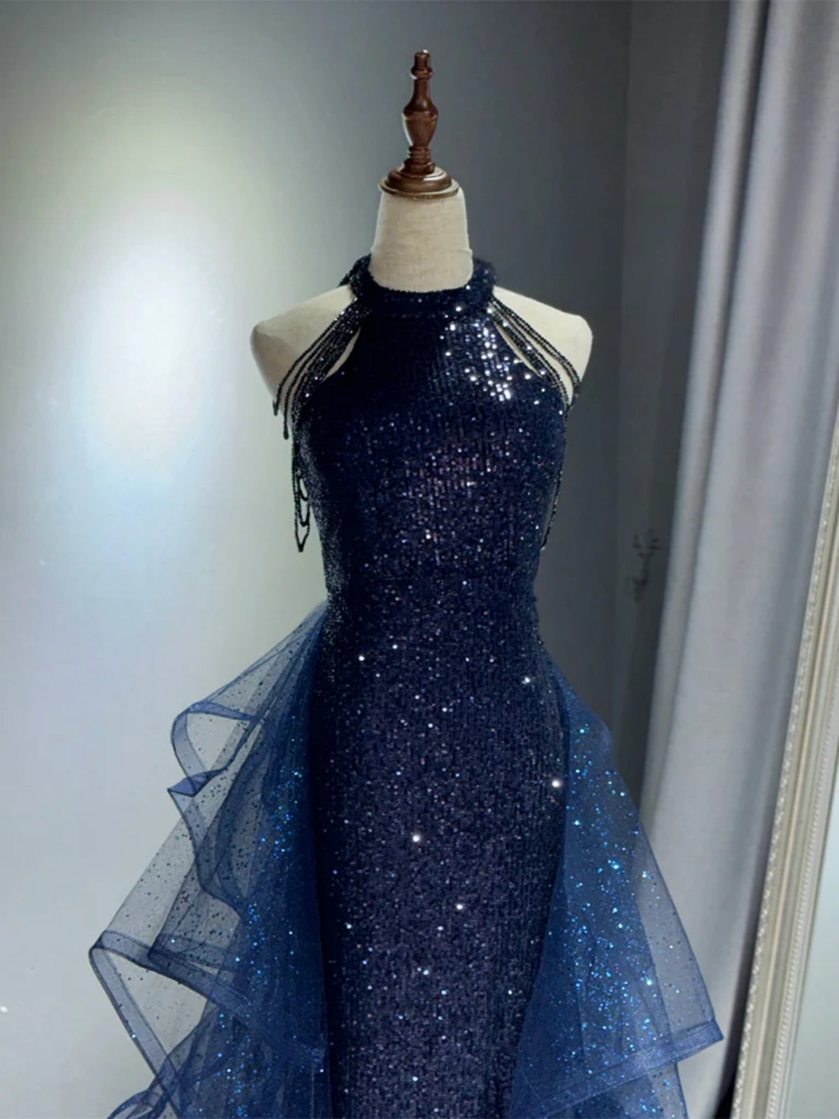 navy blue halter neck formal dress open lace back dress Two Pieces Navy Prom Dress Halter Neckline, Evening Dress, Graduation DressesTailor