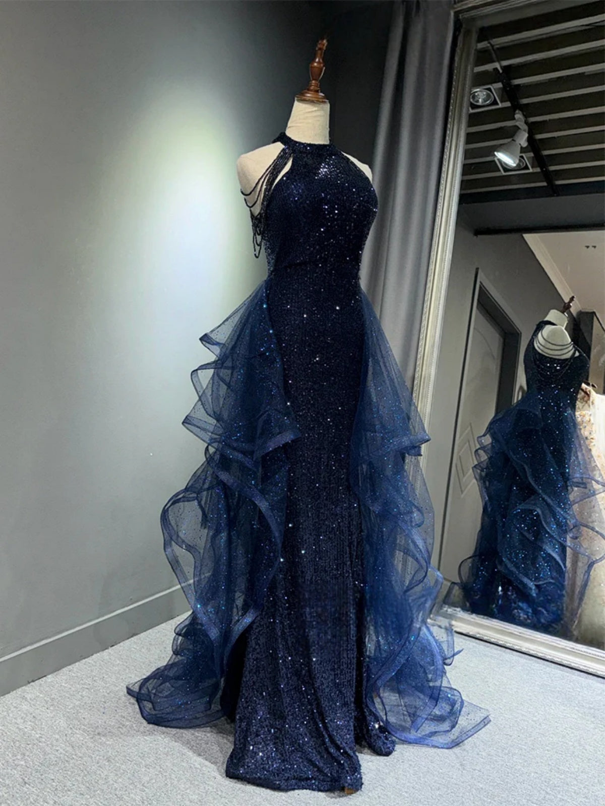 Halter Neck Shiny Dark Navy Blue Black Sequines Prom Dresses, Dark Nav - shegown Halter Neck Shiny Dark Navy Blue Black Sequines Prom Dresses, Dark Nav - shegown
