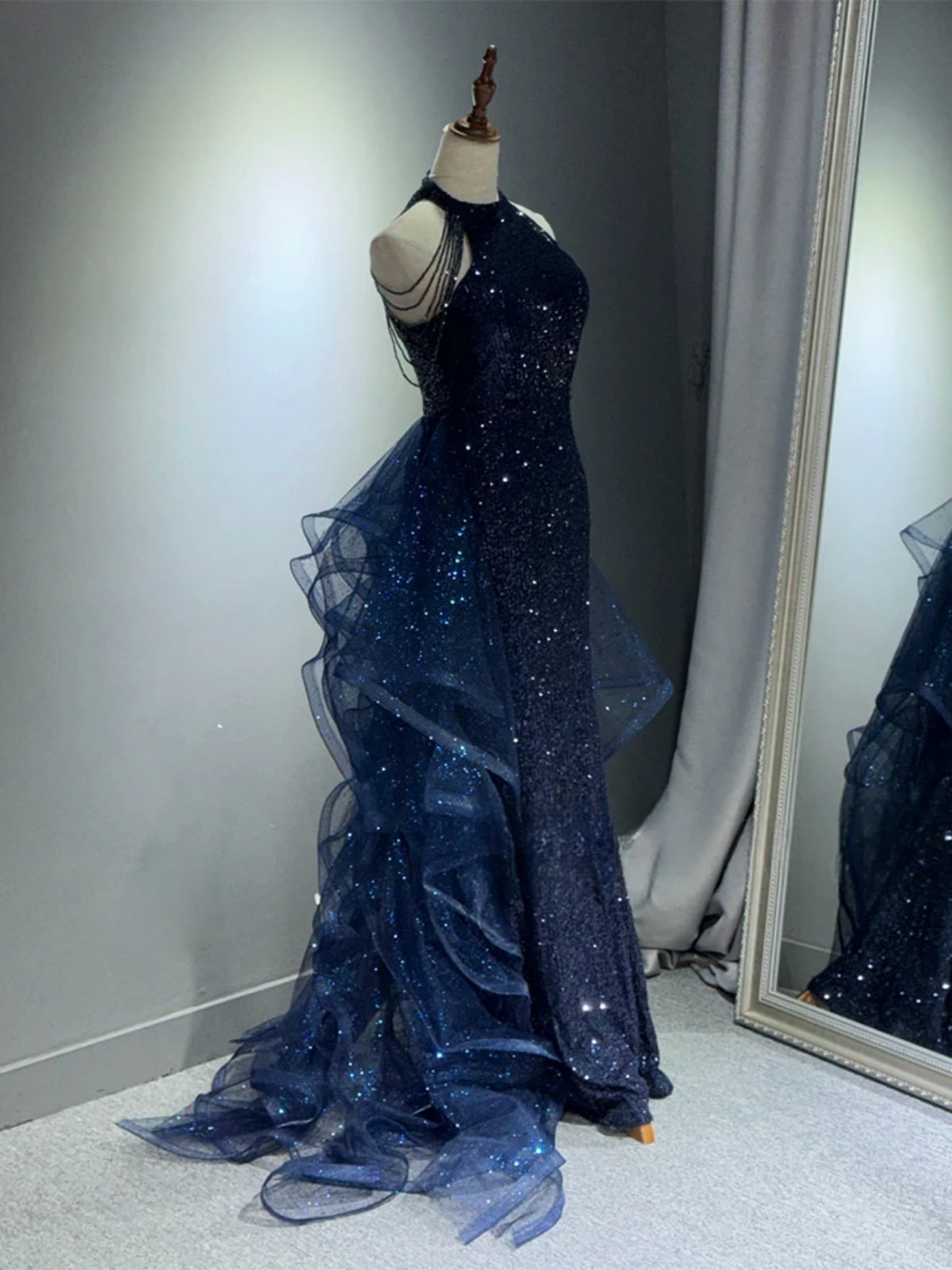 Halter Neck Shiny Dark Navy Blue Black Sequines Prom Dresses, Dark Nav - shegown Halter Neck Shiny Dark Navy Blue Black Sequines Prom Dresses, Dark Nav - shegown