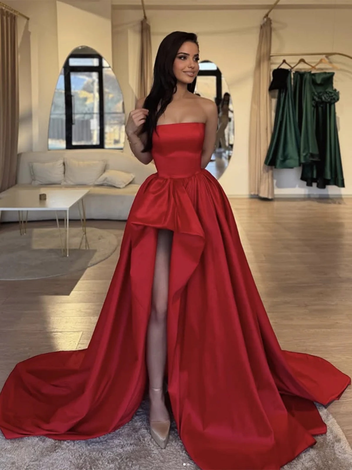 High Low Dark Red Satin Long Prom Dresses, Dark Red High Low Formal Ev - shegown High Low Dark Red Satin Long Prom Dresses, Dark Red High Low Formal Ev - shegown