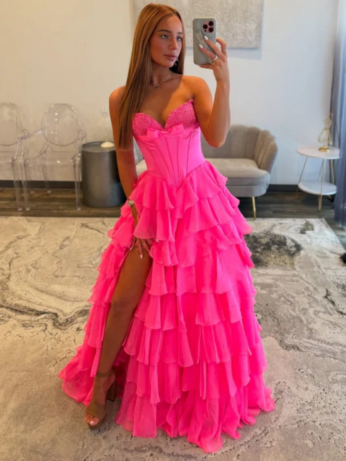 Hot Pink Layered Lace Prom Dresses, Hot Pink Layered Long Lace Formal Evening Dresses