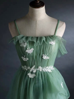 Layered Green Floral Long Prom Dresses, Green Layered Long Formal Evening Dresses