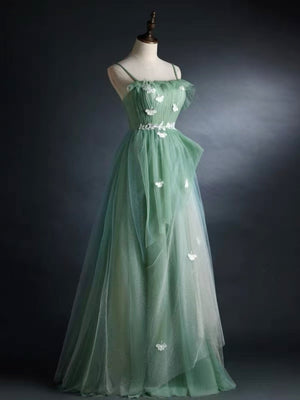 Layered Green Floral Long Prom Dresses, Green Layered Long Formal Evening Dresses