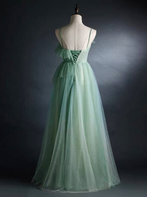 Layered Green Floral Long Prom Dresses, Green Layered Long Formal Evening Dresses