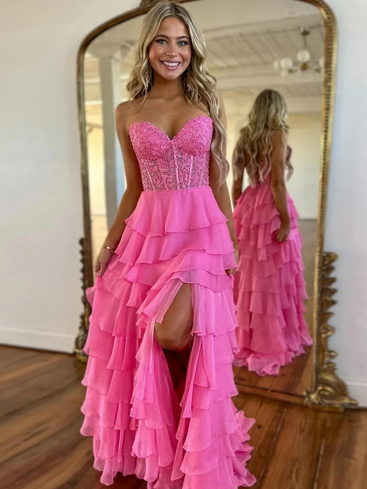 Layered Lace Long Prom Dresses, Long Lace Layered Formal Evening Dress - shegown Layered Lace Long Prom Dresses, Long Lace Layered Formal Evening Dress - shegown