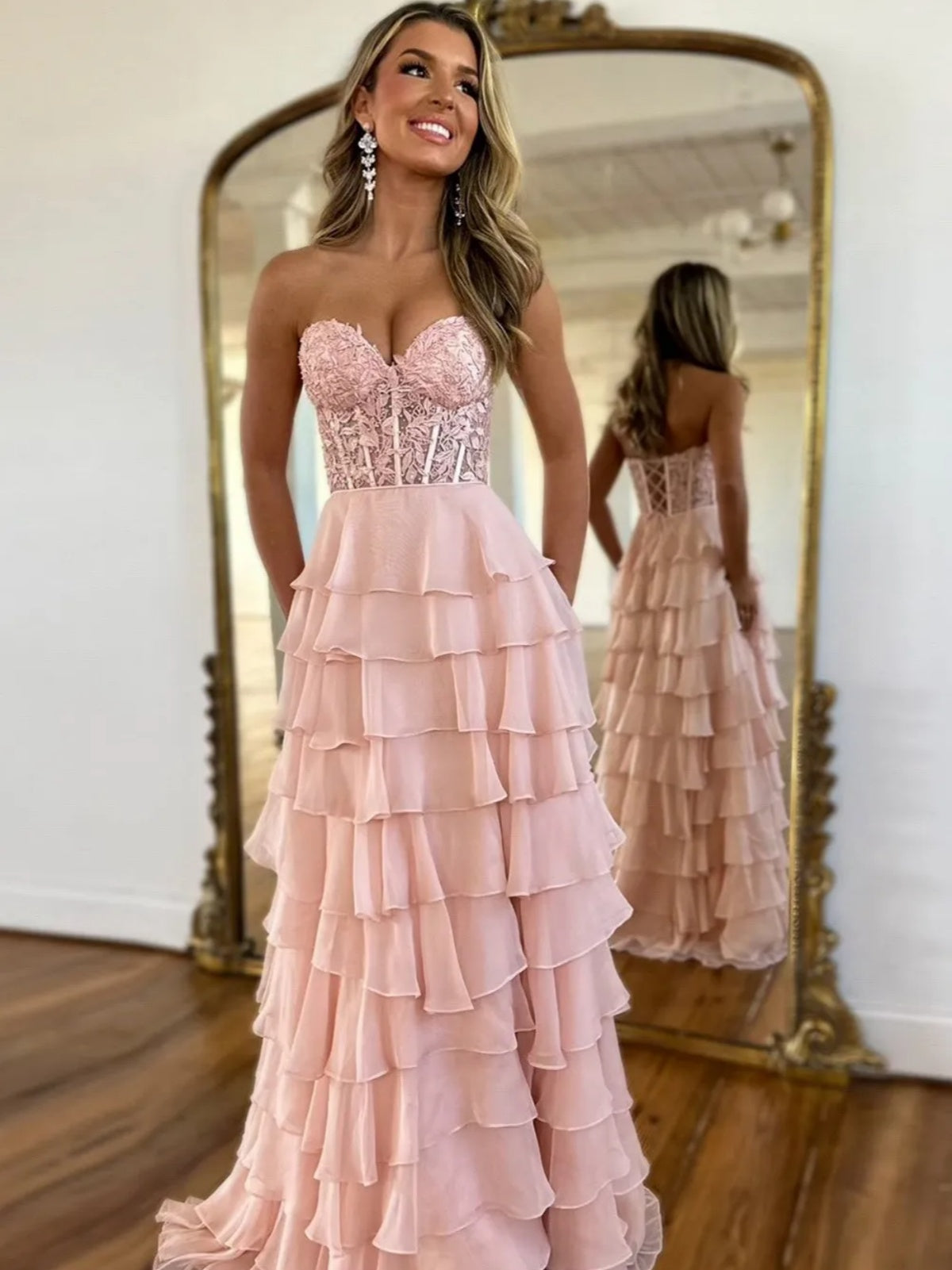 Layered Lace Long Prom Dresses, Long Lace Layered Formal Evening Dresses, US 2 / Dusty Pink as Pics / No Rush Layered Lace Long Prom Dresses, Long Lace Layered Formal Evening Dresses, US 2 / Dusty Pink as Pics / No Rush
