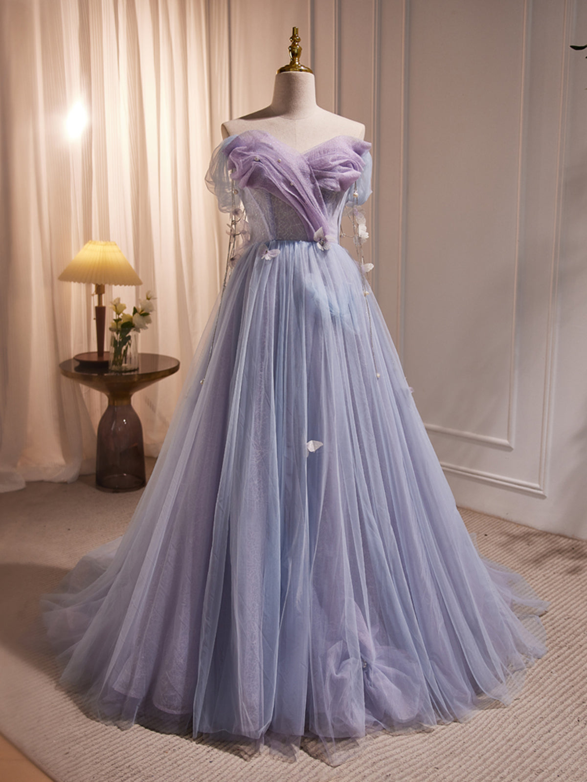 Long Purple Tulle Prom Dresses, Long Purple Tulle Formal Evening